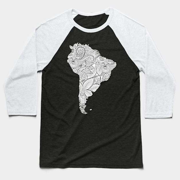 Mandala art map of South America with text in white Baseball T-Shirt by Happy Citizen